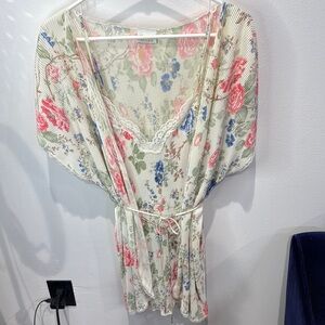 Intimate Mood Cream Floral Slip Nightgown Robe‎ Set Women's Medium Y2K